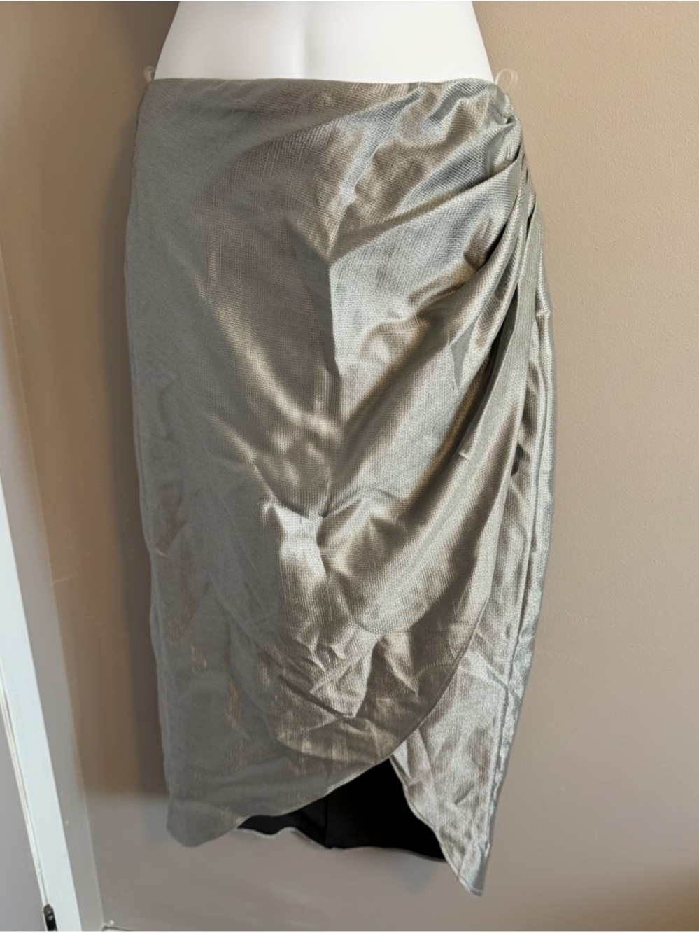 BSL Silver Metallic Gathered Faux Wrap Midi Skirt Large made in Turkey
